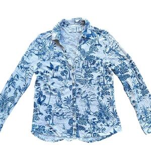 Nicole Miller Womens Size M White Blue Floral Linen Long Sleeve Button Up Shirt